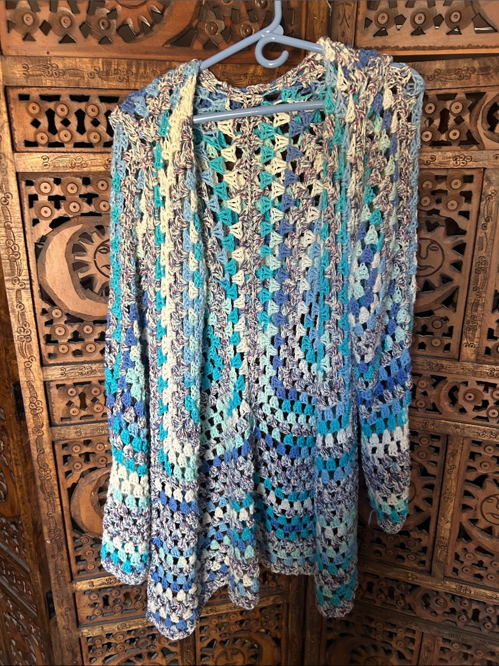 Crochet Open-Weave Women’s Sweater Cardigan - Aqua Multi